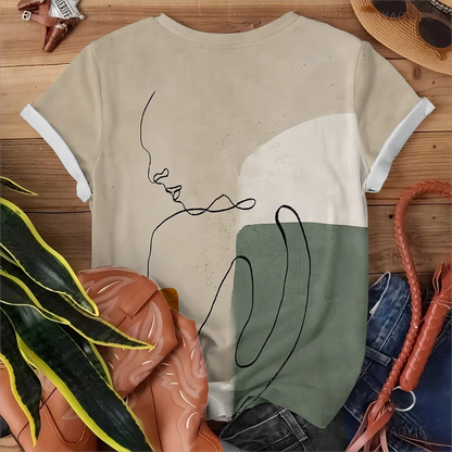 Rice Green Abstract Line Art Women's T-shirt Simple Casual Fashion Summer Round Neck Short Sleeve