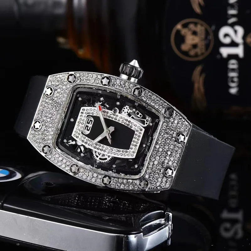 Manufacturer's spot supply, business fashion diamond-set, women's quartz watch red lip wine barrel-shaped watch