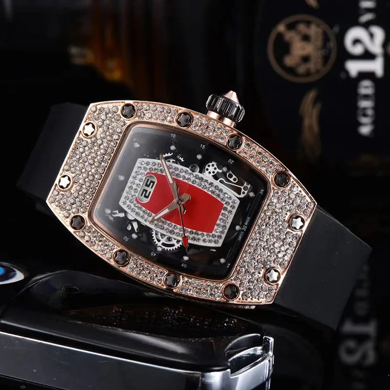 Manufacturer's spot supply, business fashion diamond-set, women's quartz watch red lip wine barrel-shaped watch