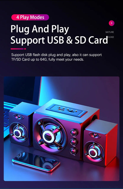 Powerful Bluetooth Speakers Colorful LED Home TV Theater Sound Wireless Subwoofer 3D Stereo Surround Wooden Material USB Wired