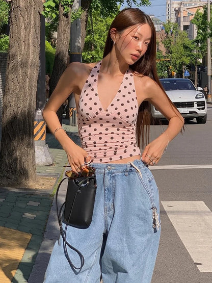 weird Puss Halter v-Neck Vest Women Y2K Lace-Up Backless Polka Dot Print  Skinny Summer Fashion Daily Street Basic Tank Tops