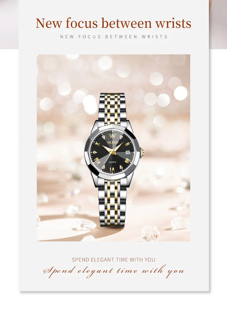 OLEVS Fashion Luxury Golden Watch For Women Stainless Steel Wristwatch Elegant Rhombus Quartz Waterproof Women's Watches Reloj