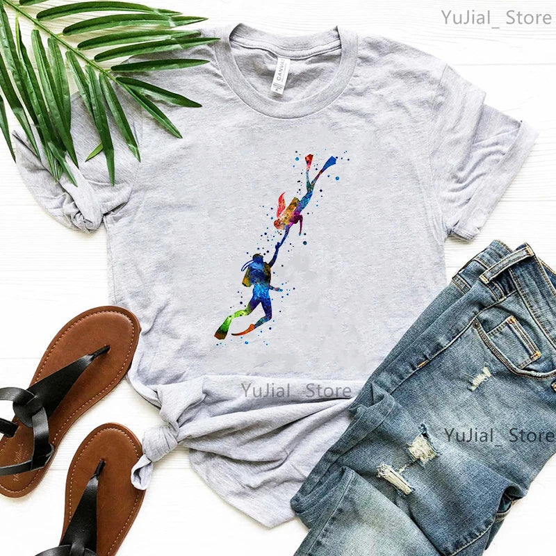 Watercolor Scuba Diving Lover Printed Sports Art Tee Shirt Femme Cute Summer Top Woman Clothes Ropa Mujer Custom Tshirt