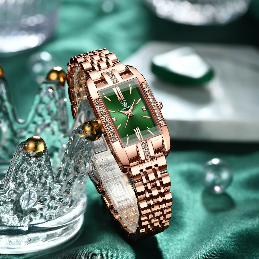 POEDAGAR Women Watch Fashion Luxury Diamond Green Dial Square Quartz Watches Stainless Steel Waterproof Ladies Wristwatch Gift