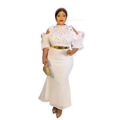 African American evening dress gauze off-the-shoulder belt diamond African mom dress