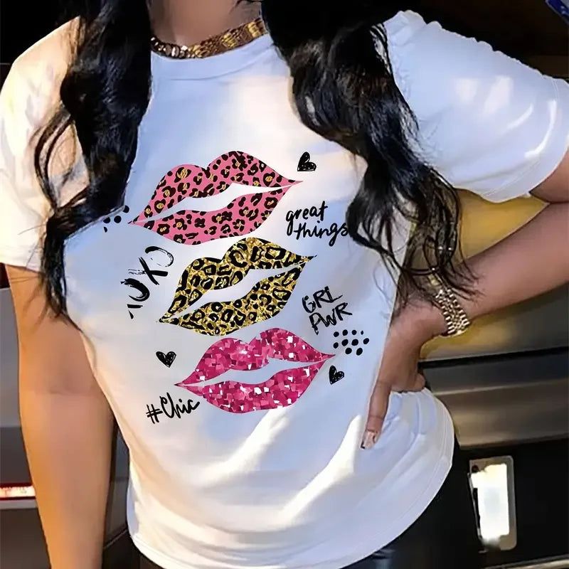 2024 Leopard Lips Print T-shirt Casual Short Sleeve Crew Neck Summer Top Women's Clothing Female Clothes Vintage Tops