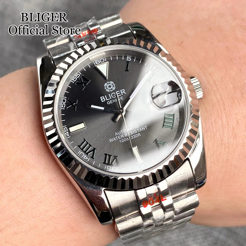36mm 39mm Sunburst Grey Dial Dark Green Roman Numbers Diving NH35 Automatic Men Watch Stainless Steel Strap Sapphire Glass