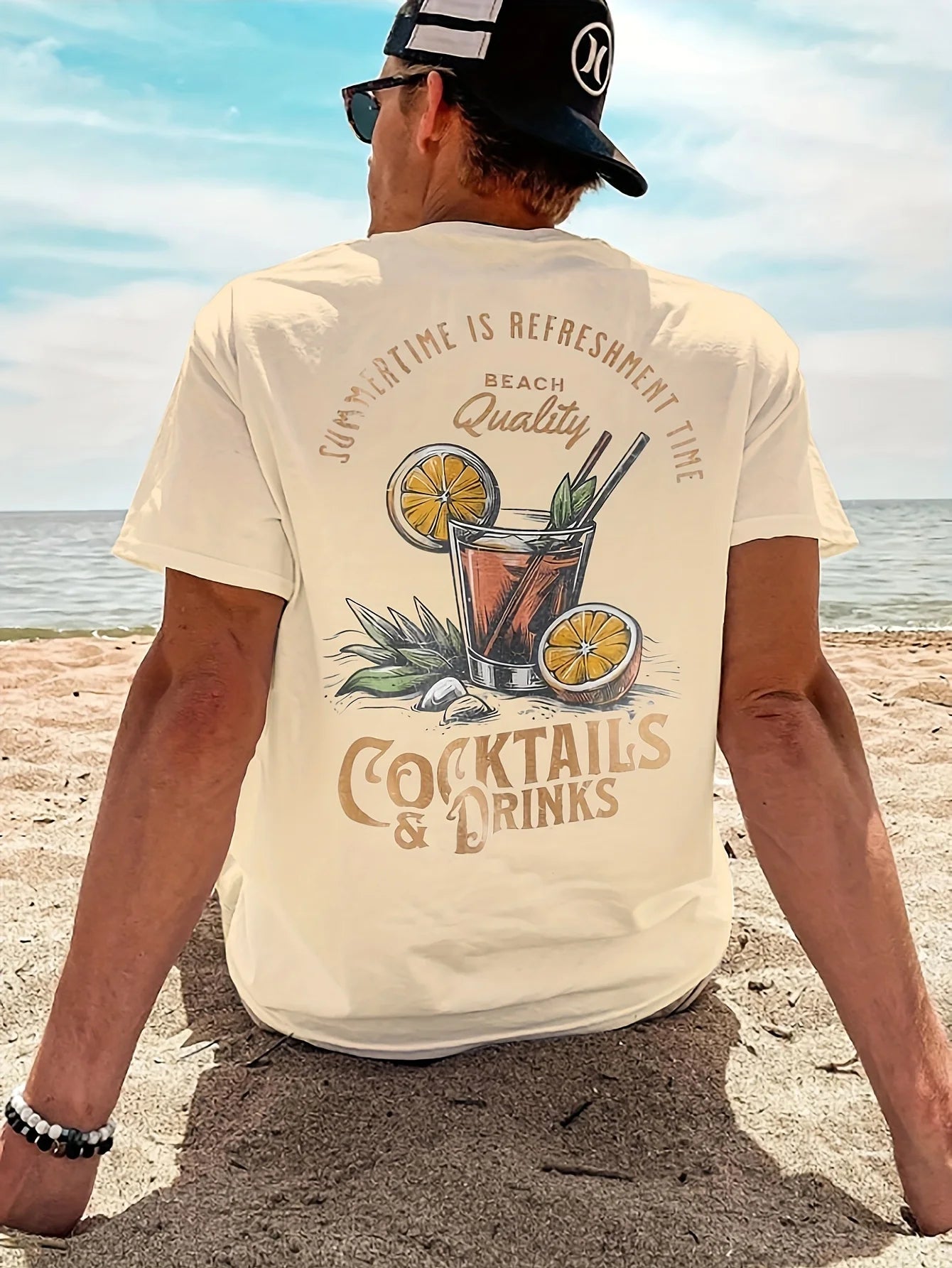 COCKTAILS DRINKS Printed T-shirt Men Summer Beach Short Sleeved Tops Unisex Casual Loose T Shirts Street Men's Cotton Tees