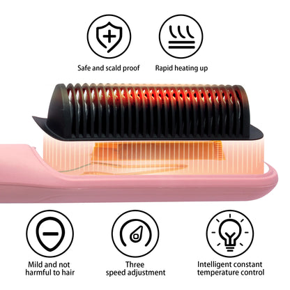 Hair straightener brush, fast ceramic heating, hot air comb, portable heating hair straightener, home and travel salon