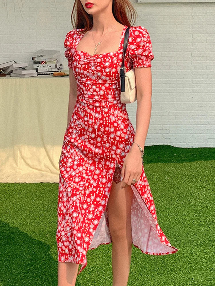 Summer Women's Red Puffed Sleeve Floral Dress,Beach Dresses For Women,Fashion Summer Dresses 2024,Womans Clothing,Long Dresses