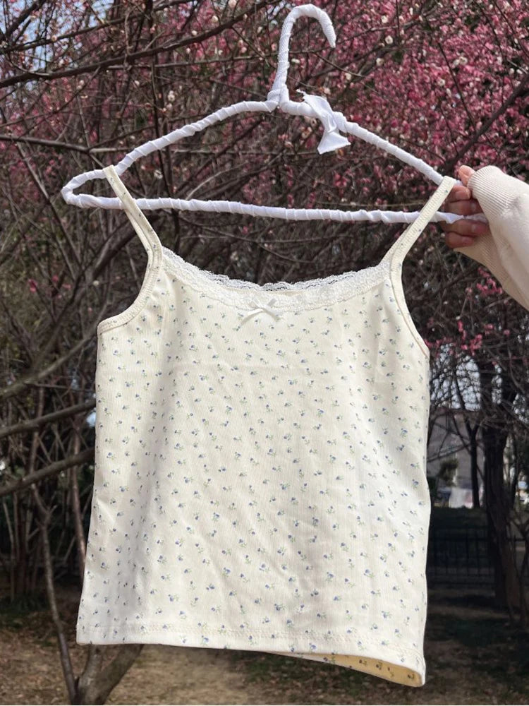 Retro Patchwork Ribbed Cotton Tops Women Summer Sweet Ruffle Square Collar Sleeveless Bow Camis Vintage Chic Slim Crop Top 2024