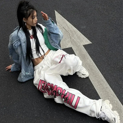 Korean Y2K Streetwear White Jogging Sweatpants Women Harajuku Sports Pants Oversized Hip Hop Letter Wide Leg Trousers