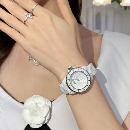 Camellia watch 2025 new women's white ceramic light luxury women's small fragrance style women's watch