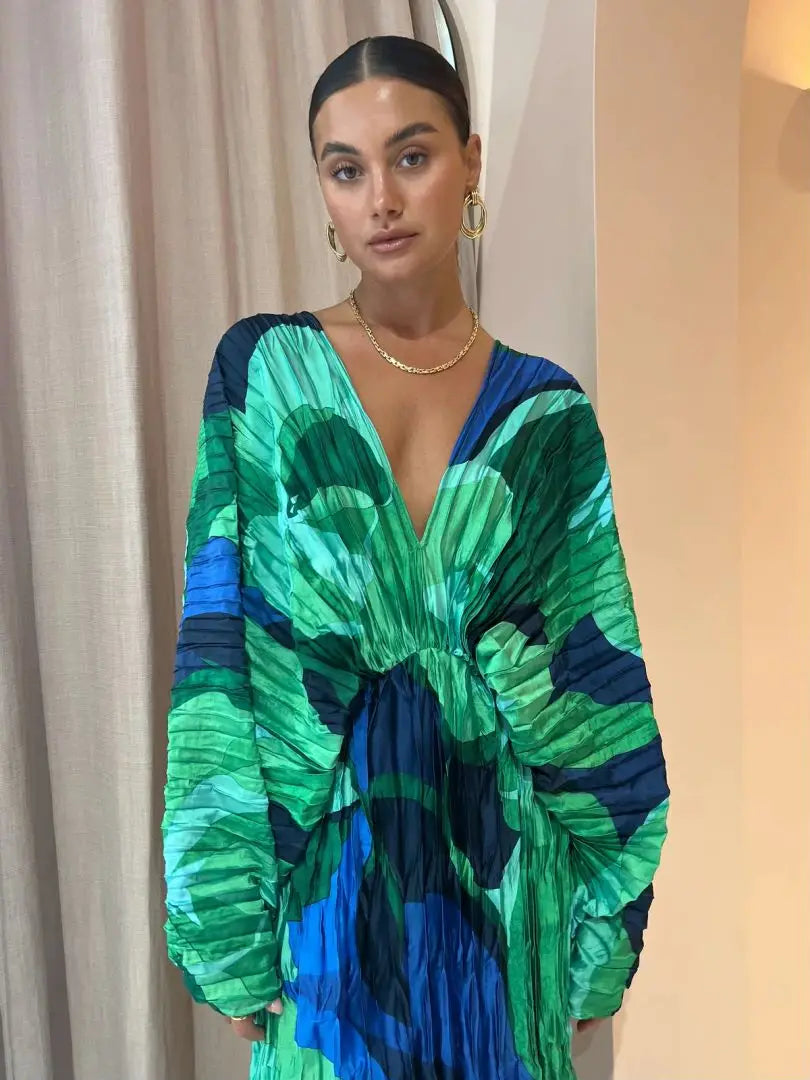 2024 Long Sleeve Pleated Loose Green Blue Beach Dress Long Beach Cover up Woman Swimwear Bikini Tunic Beachwear Outfit Sundress