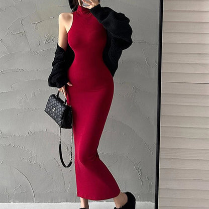 Y2K Red Skinny Sexy Turtleneck Midi Dress Women Evening Party Ladies Elastic Hip Wrap Elegant Bodycon Dresses