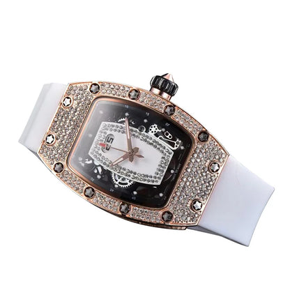 Manufacturer's spot supply, business fashion diamond-set, women's quartz watch red lip wine barrel-shaped watch