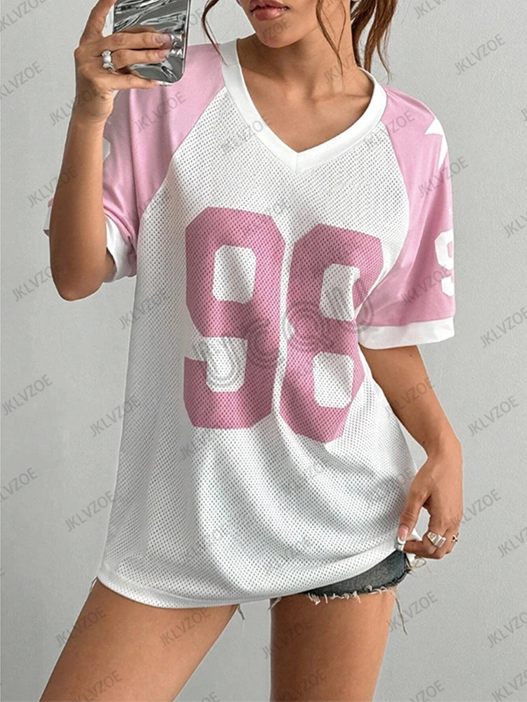 Summer New Pink White No.98 Print T-Shirt For Women V-Neck Patchwork Short Sleeve Mesh Sports Football Jersey Y2K Oversized Tops