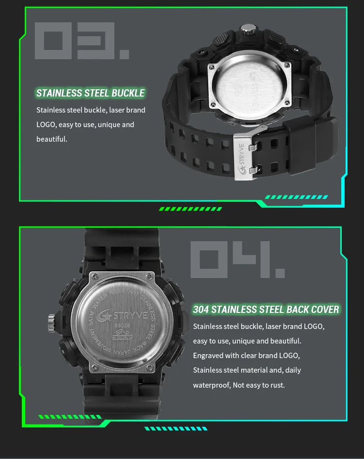 STRYVE Top Brand Electronic Watch For Men Outdoor Sports Waterproof Dual Time Display Quartz Wristwatches Rubber reloj hombre