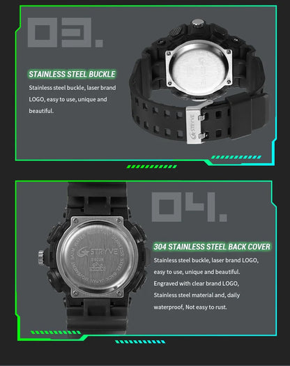 STRYVE Top Brand Electronic Watch For Men Outdoor Sports Waterproof Dual Time Display Quartz Wristwatches Rubber reloj hombre