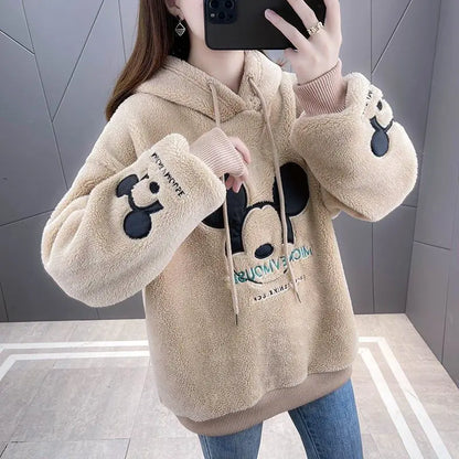 Korean popular clothes Cartoon Print Sweatshirt Thick PlushLining Hoodie Loose Korean Fashion All-match Oversized Kawaii Hoodies