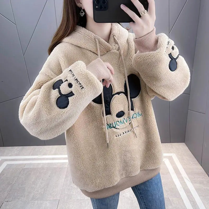 Korean popular clothes Cartoon Print Sweatshirt Thick PlushLining Hoodie Loose Korean Fashion All-match Oversized Kawaii Hoodies