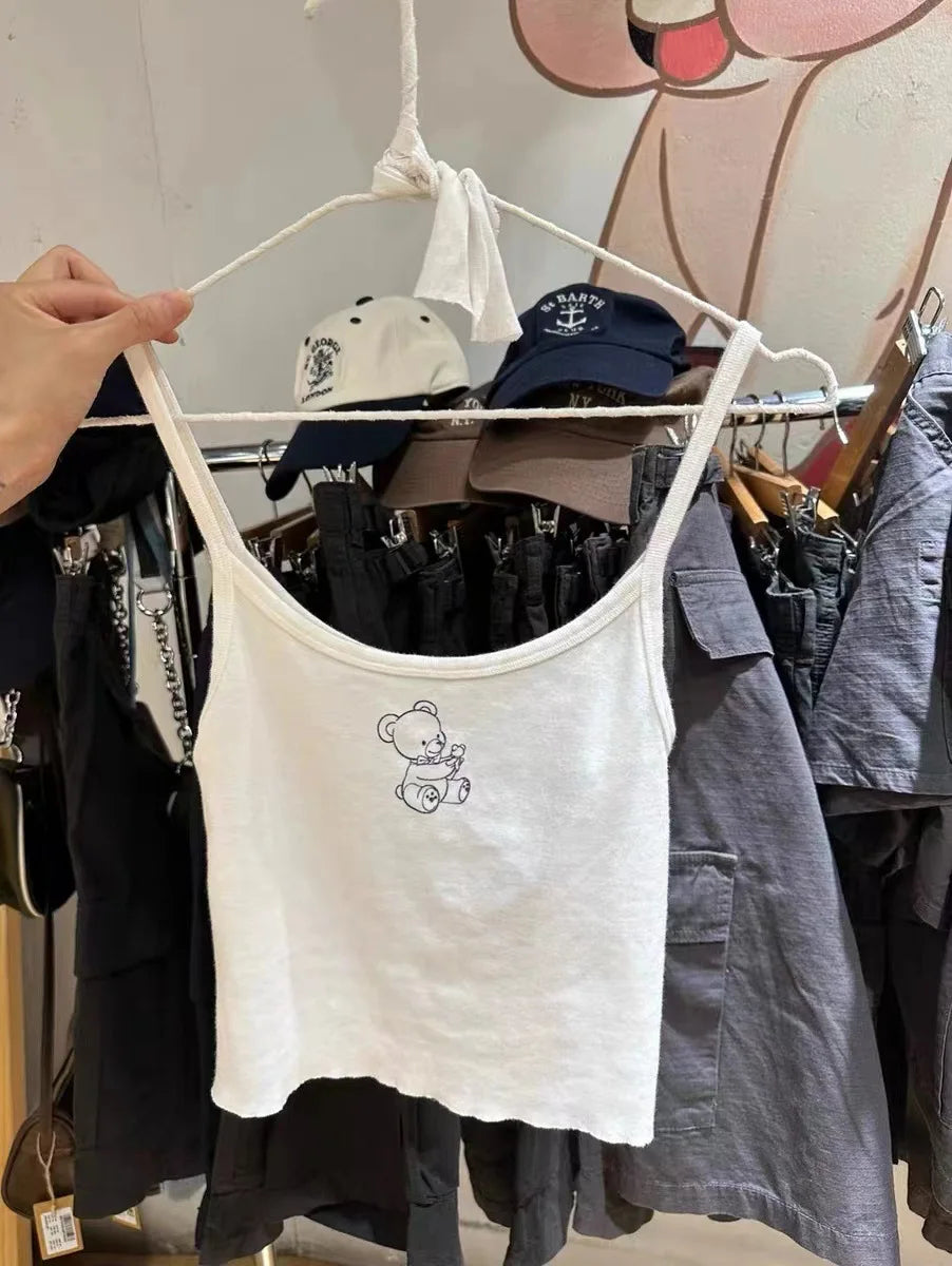 Retro Patchwork Ribbed Cotton Tops Women Summer Sweet Ruffle Square Collar Sleeveless Bow Camis Vintage Chic Slim Crop Top 2024