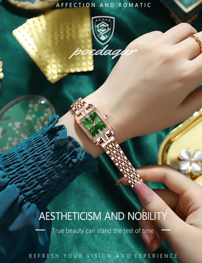 POEDAGAR Women Watch Fashion Luxury Diamond Green Dial Square Quartz Watches Stainless Steel Waterproof Ladies Wristwatch Gift