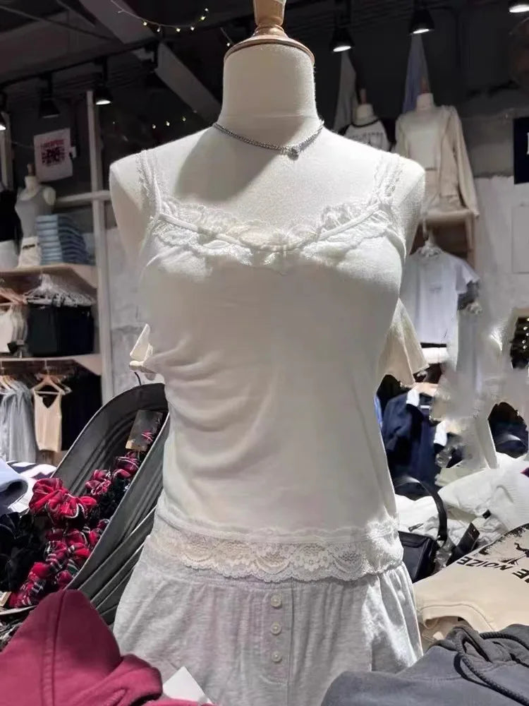 Retro Patchwork Ribbed Cotton Tops Women Summer Sweet Ruffle Square Collar Sleeveless Bow Camis Vintage Chic Slim Crop Top 2024