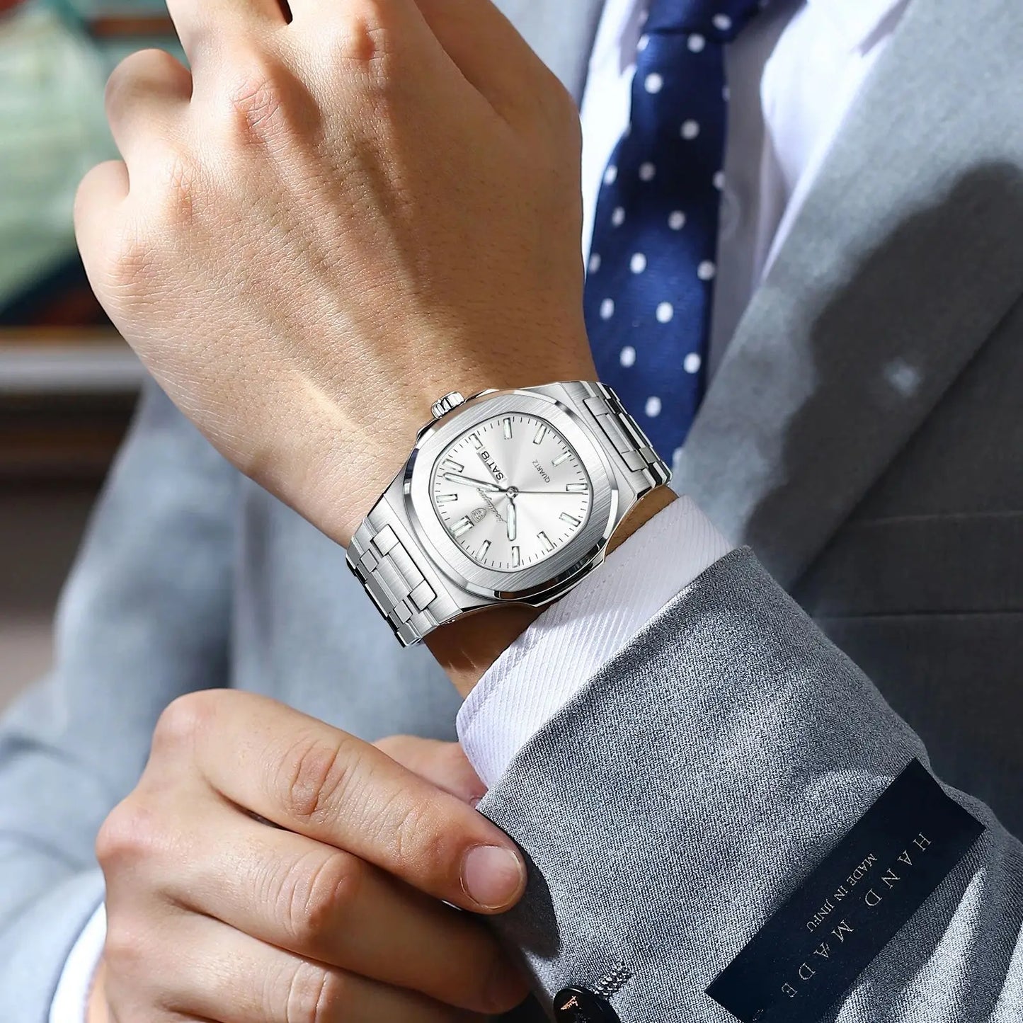 POEDAGAR Trendy Square Men's Watches Waterproof Luminous Date Week Man Clock Stainless Steel Exquisite Quartz Men Wristwatch+Box