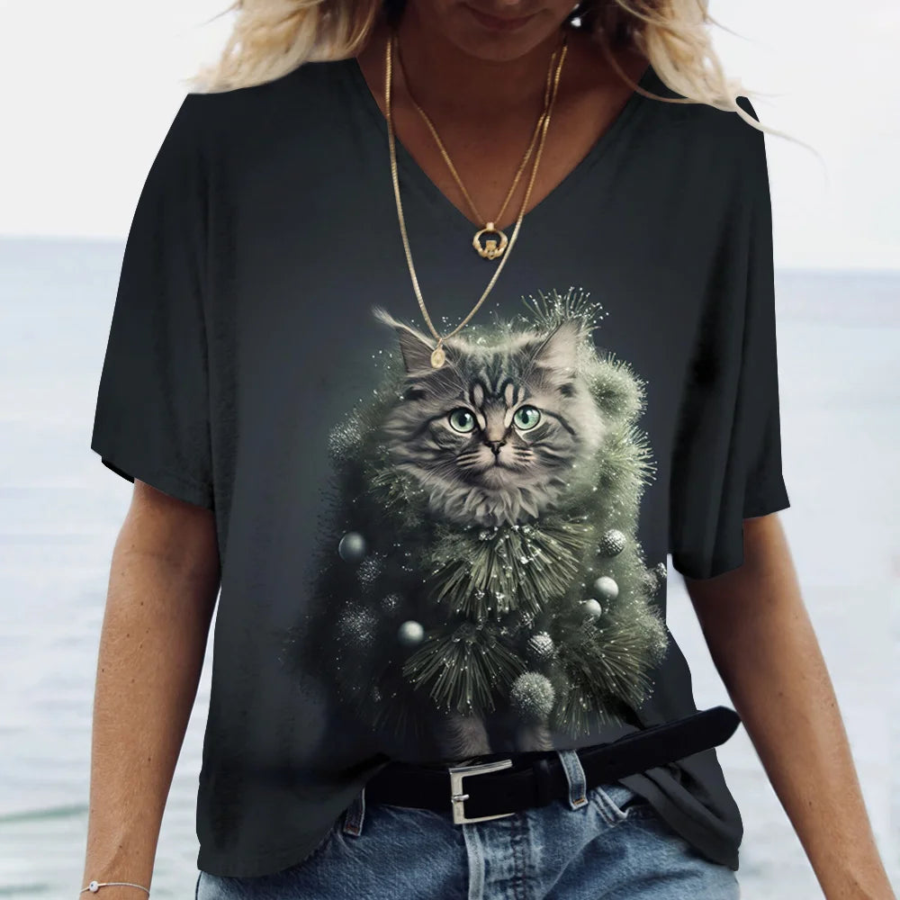 Fashion Women's T-shirt Cat Print Short Sleeve Clothes Female Harajuku Tees Ladies T Shirt Oversized Tops Animal Women Clothing