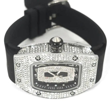 2024 Hot Fashion Diamond Watch For Women Elegant Iced Jewelry Watches Girl Sport Rubber Strap Tonneau Wristwatch Ladies Gift