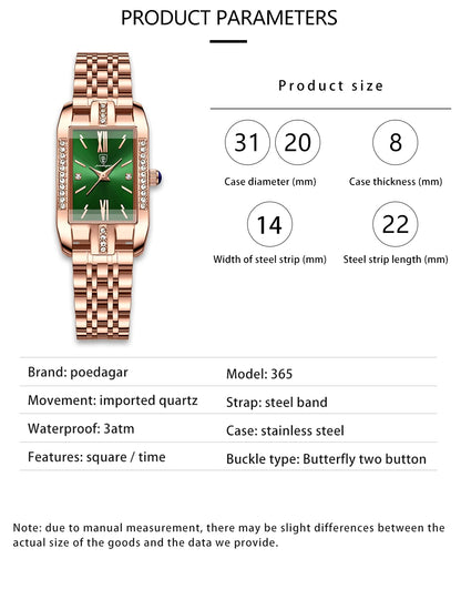 POEDAGAR Women Watch Fashion Luxury Diamond Green Dial Square Quartz Watches Stainless Steel Waterproof Ladies Wristwatch Gift