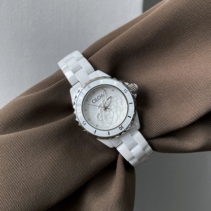 Camellia watch 2025 new women's white ceramic light luxury women's small fragrance style women's watch