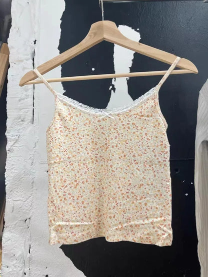 Retro Patchwork Ribbed Cotton Tops Women Summer Sweet Ruffle Square Collar Sleeveless Bow Camis Vintage Chic Slim Crop Top 2024