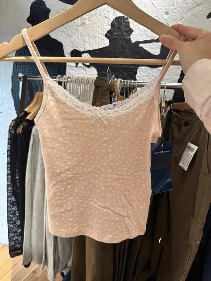 Retro Patchwork Ribbed Cotton Tops Women Summer Sweet Ruffle Square Collar Sleeveless Bow Camis Vintage Chic Slim Crop Top 2024