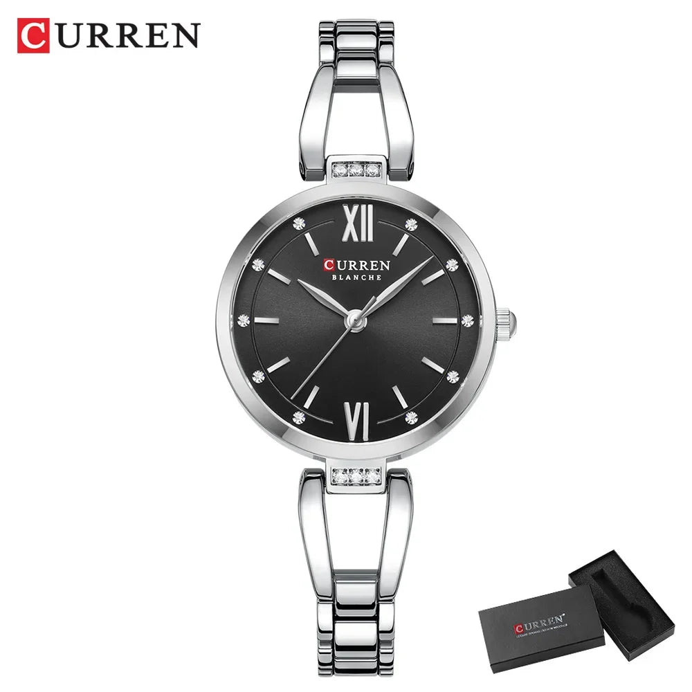 CURREN Luxury Elegance Ladies Watch with Sparkling Rhinestones Simple Quartz Stainless Steel Bracelet Wristwatch