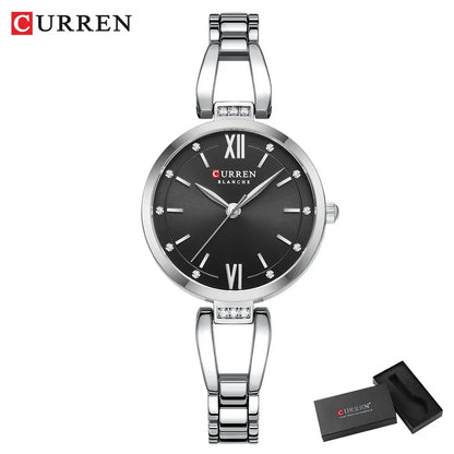 CURREN Luxury Elegance Ladies Watch with Sparkling Rhinestones Simple Quartz Stainless Steel Bracelet Wristwatch
