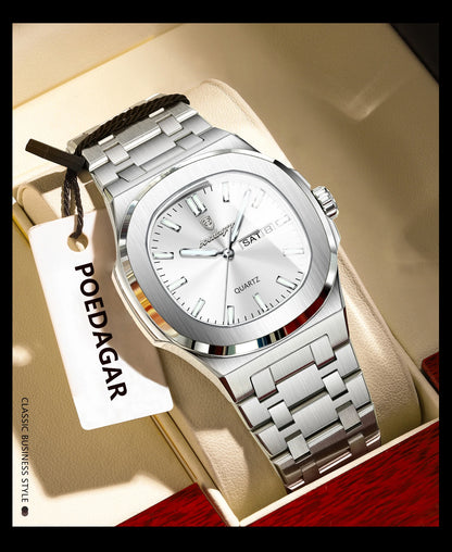 POEDAGAR Trendy Square Men's Watches Waterproof Luminous Date Week Man Clock Stainless Steel Exquisite Quartz Men Wristwatch+Box