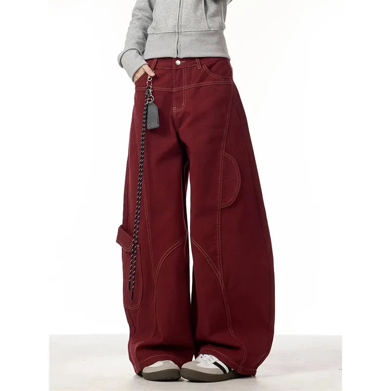 Jeans Women Red Vintage High Waisted Straight Denim Trouser Y2K 90s Hip hop American Streetwear Wide Leg Classic Denim Pants