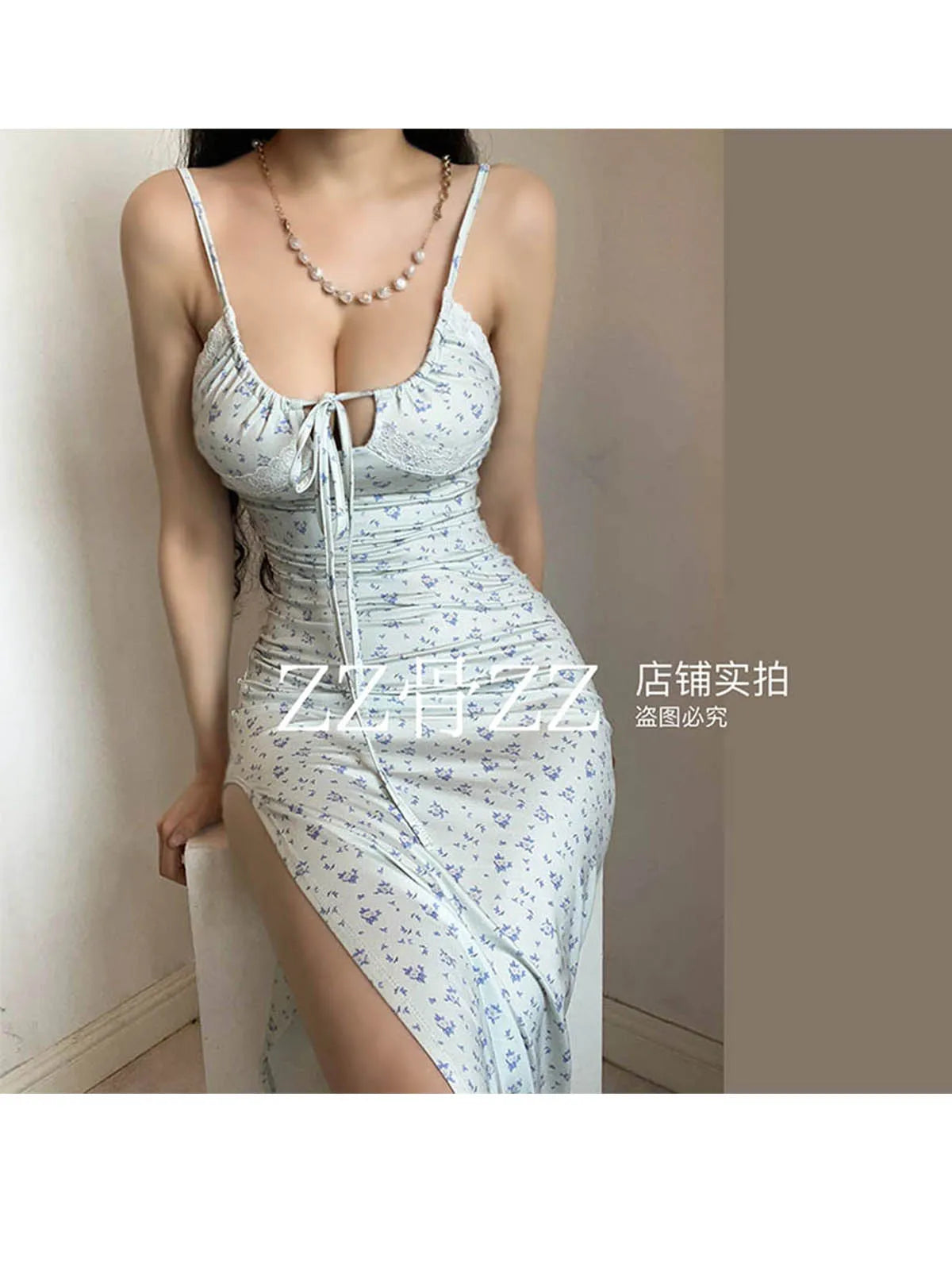 French Elegant Beach Vacation Style Print Side Split Print Dress With Hanging Strap Long Dress Robe Fashion Sweet 2024 New L7M4