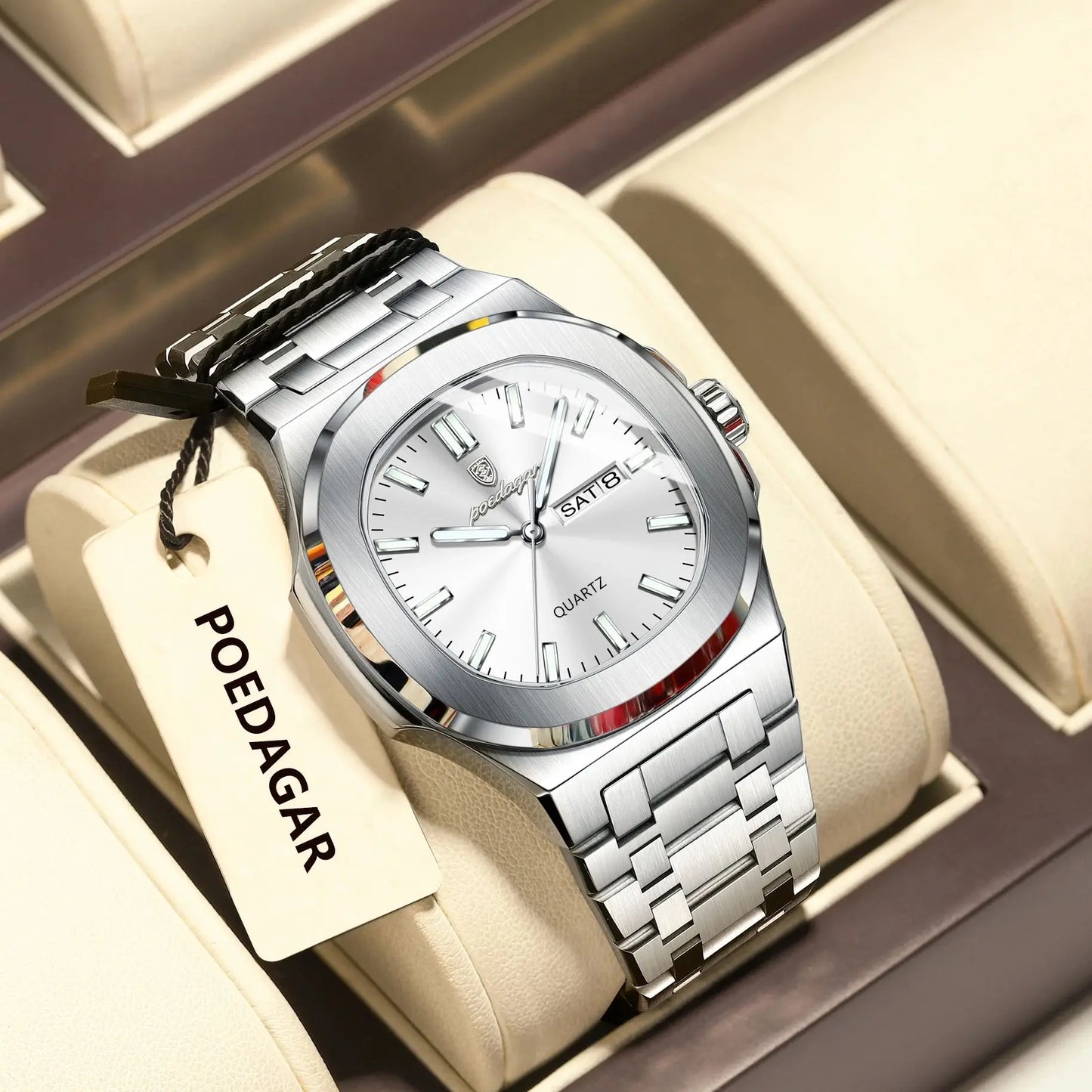 POEDAGAR Trendy Square Men's Watches Waterproof Luminous Date Week Man Clock Stainless Steel Exquisite Quartz Men Wristwatch+Box