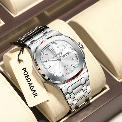 POEDAGAR Trendy Square Men's Watches Waterproof Luminous Date Week Man Clock Stainless Steel Exquisite Quartz Men Wristwatch+Box