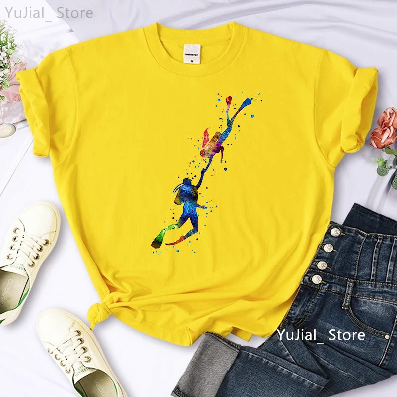 Watercolor Scuba Diving Lover Printed Sports Art Tee Shirt Femme Cute Summer Top Woman Clothes Ropa Mujer Custom Tshirt
