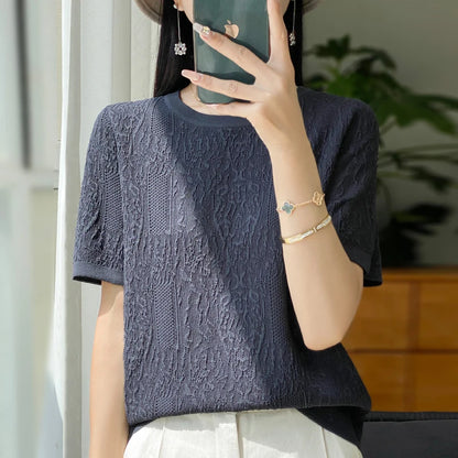 Women's T-shirt Summer Worsted Wool Sweater Short Sleeve Casual Solid Color Ladies' Clothes Round Neck Tops Loose Blouse