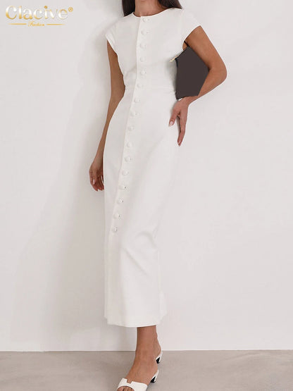 Clacive Summer Slim White Women's Dress 2025 Fashion O-Neck Sleeveless Ankle Length Dresses Elegant Classic Solid Female Dress