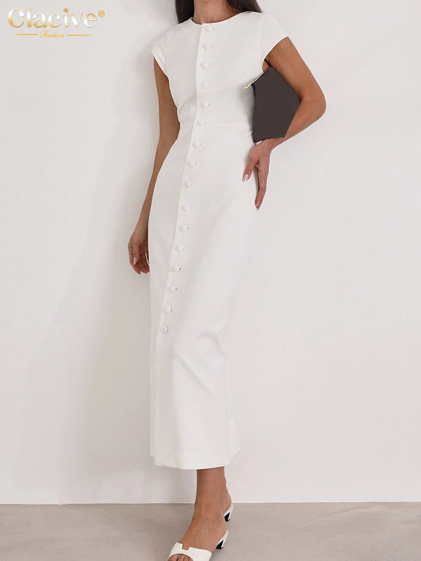 Clacive Summer Slim White Women's Dress 2025 Fashion O-Neck Sleeveless Ankle Length Dresses Elegant Classic Solid Female Dress