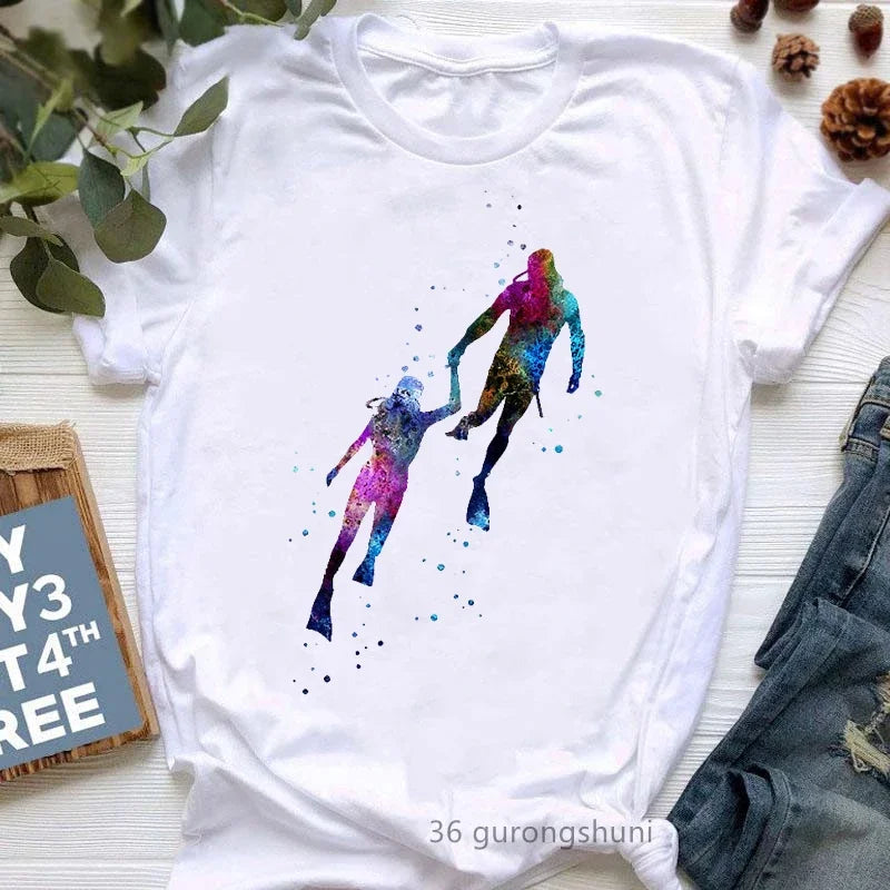 Watercolor Scuba Diving Lover Printed Sports Art Tee Shirt Femme Cute Summer Top Woman Clothes Ropa Mujer Custom Tshirt