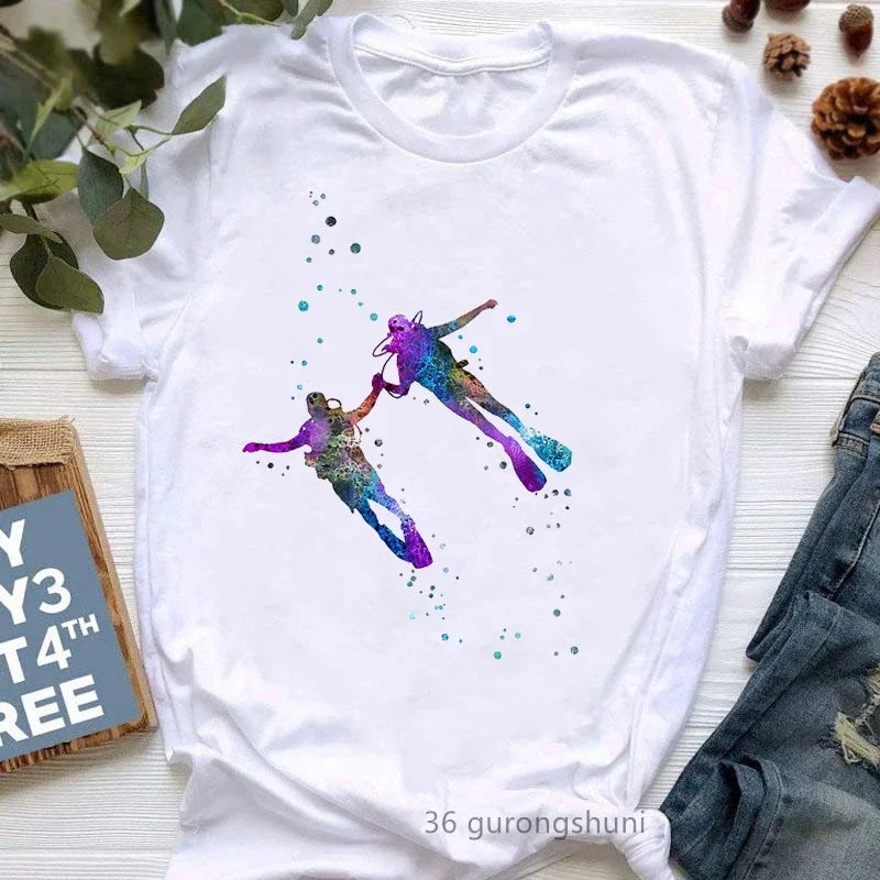 Watercolor Scuba Diving Lover Printed Sports Art Tee Shirt Femme Cute Summer Top Woman Clothes Ropa Mujer Custom Tshirt