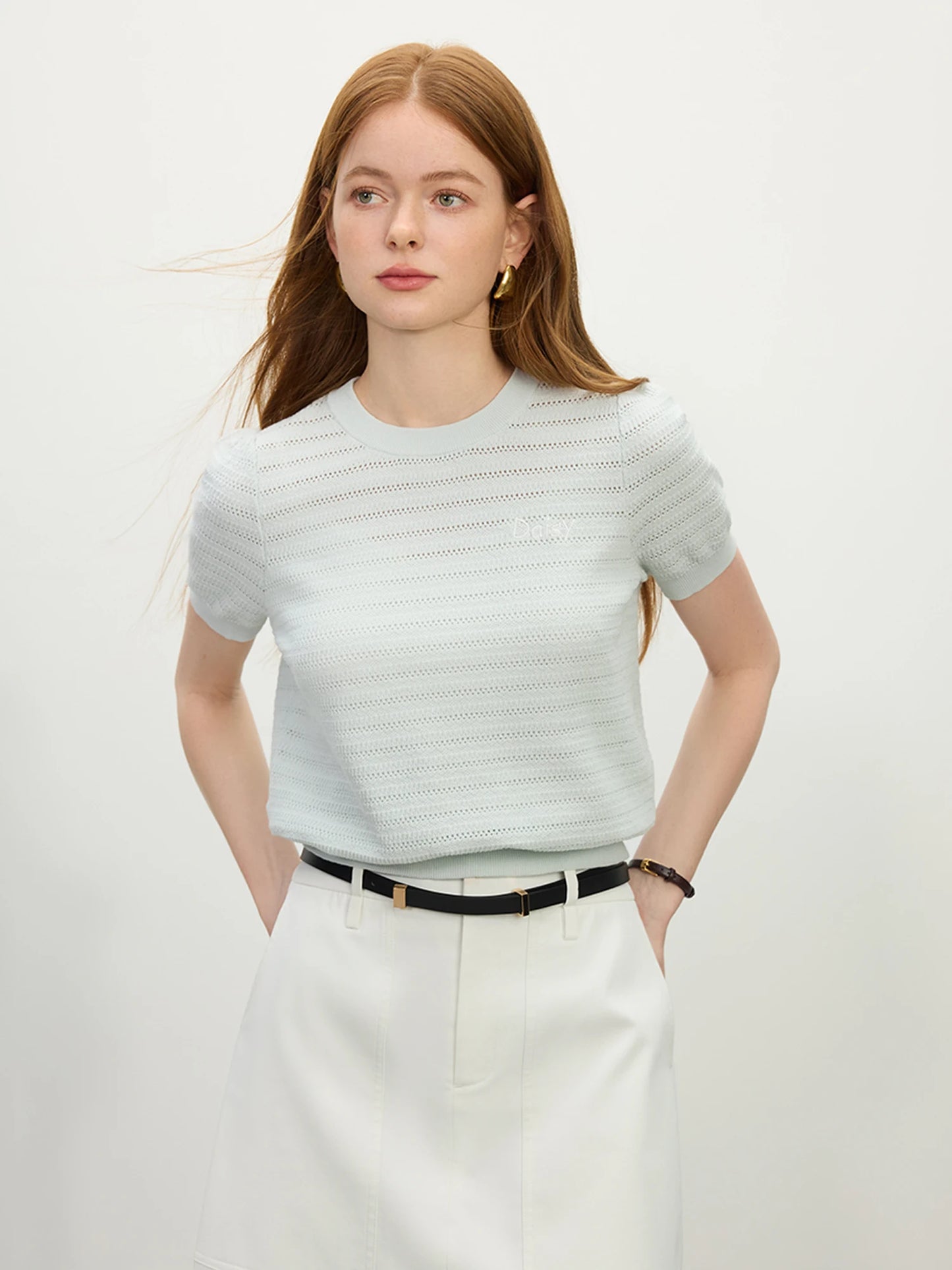 FSLE Round Neck Hollow Texture Knitted T-shirt Women 2025 Summer New Style Pullover Versatile Casual Short-sleeved Top 25FS12090