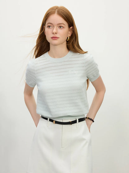 FSLE Round Neck Hollow Texture Knitted T-shirt Women 2025 Summer New Style Pullover Versatile Casual Short-sleeved Top 25FS12090